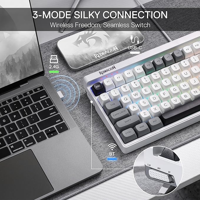 Redragon K656 PRO 3-Mode Wireless RGB Gaming Keyboard, 100 Keys Mechanical Keyboard w/Hot-Swappable Socket, 3 Noise Dampening Layers, PBT Round Keycaps & Custom Linear Switch, Moondust Gray