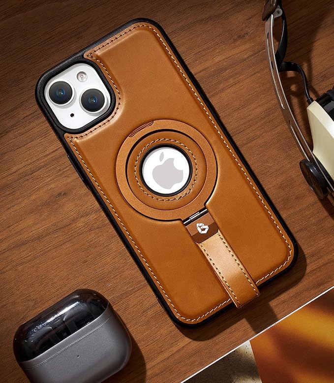 Butaiga for iPhone 14 /iPhone 13 Leather Case with Stand, Anti-Slip Grip Ring, Fits for MagSafe (Brown, iPhone 14/13)