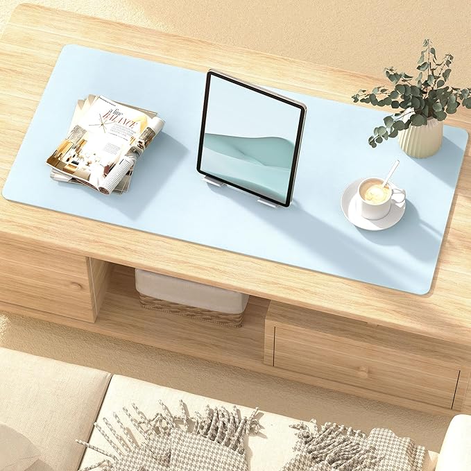 Leather Desk Pad Protector, Mouse Pad, Non-Slip Computer Mat for Desk, PU Leather Office Desk Mat for Home & Office, Waterproof Laptop Desk Blotter for Keyboard and Mouse, Baby Blue (13.7''X23.6'')