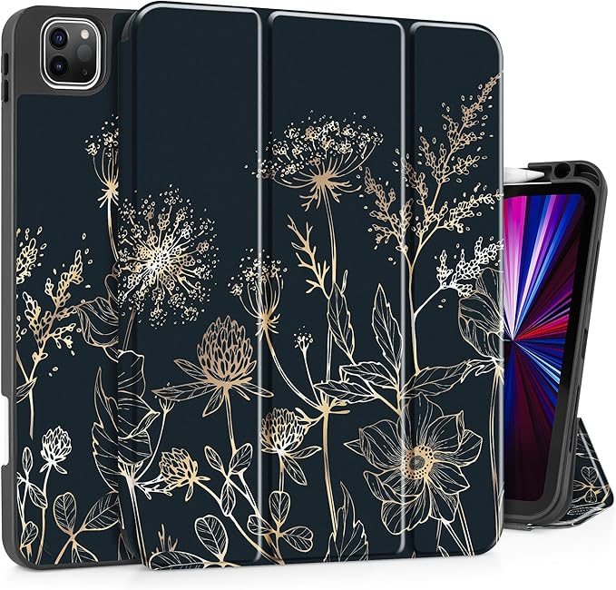 May Chen Case for iPad Pro 11 inch (4th, 3rd, 2nd & 1st Gen) 2022 2021 2020 2018, Trifold Stand + Pencil Holder + Auto Wake/Sleep + Soft TPU Protective Stand Back Cover, Abstract Floral