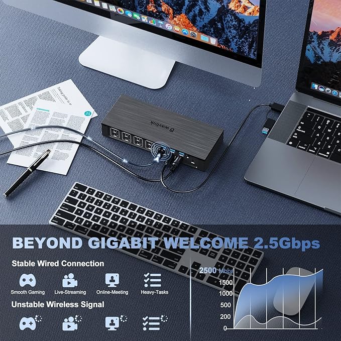 WAVLINK DisplayLink Laptop Docking Station - Quad Monitor 5K/4K@60Hz, 100W Charging - Thunderbolt 5/4, USB-C/A - M1-M5 Mac/MacBook Neo/Windows/Chrome- 4 HDMI, 4 DP, 180W Power, SD 4.0 CR, 2.5Gbps LAN