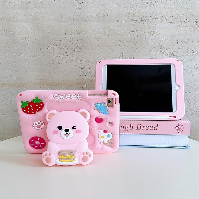 3D Cute Bear Case for iPad Pro 11 inch/Air 6th/7th 11 inch 2024/2025 M2/M3/4th/5th 10.9 inch,Kawaii Cartoon Pretty Sweet Bear Soft Silicone Case with Lanyard for Kids Teens Girls Women