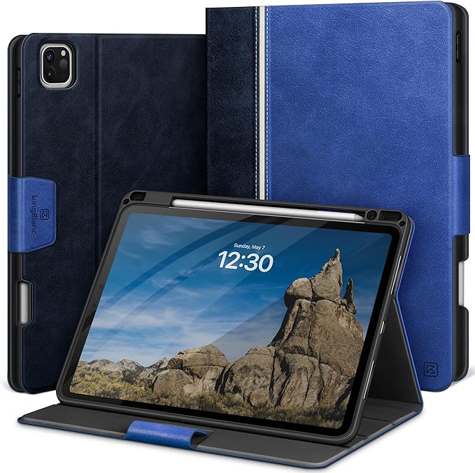 KingBlanc Case for iPad Pro 11 inch (M5 2025/M4 2024) with Pencil Holder, Vegan Leather Smart Stand Cover, Auto Sleep Wake, Support Pencil Pro/(USB-C), Viewing/Typing Angle, Durable Protection, Blue