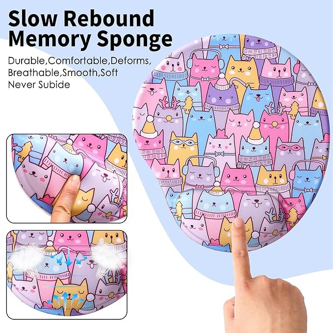 Ergonomic Mouse Pad with Wrist Support,Cute Mouse Pads with Wrist Rest,Comfortable Mouse Pad for Home Office Gaming Working Computers Laptop,Pain Relief with Non-Slip PU Base (Colorful Cat)