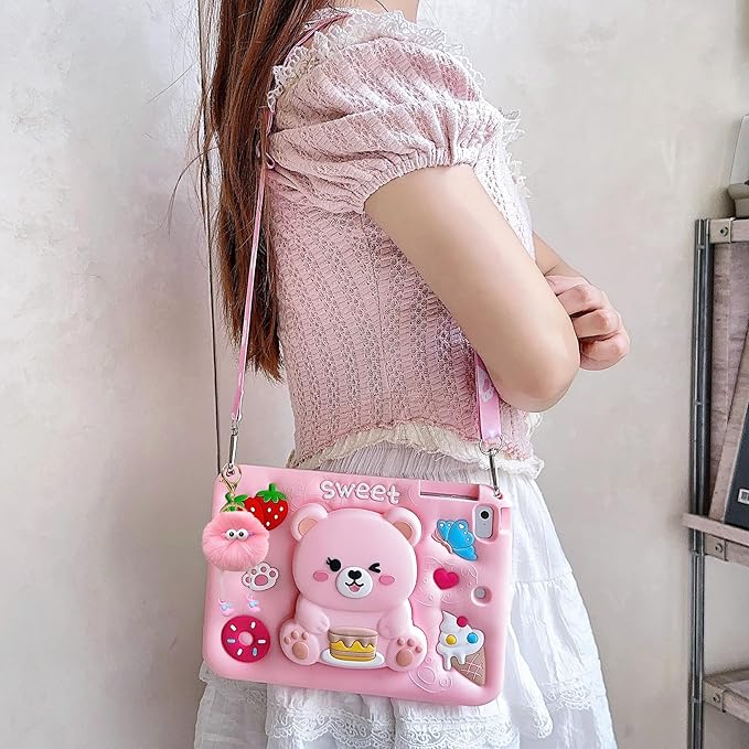 3D Cute Bear Case for iPad mini 1st 2nd 3rd 4th 5th Gen 7.9 inch,Kawaii Cartoon Pretty Sweet Bear Soft Silicone Foldable Stand Case with Lanyard for Kids Teens Girls Women