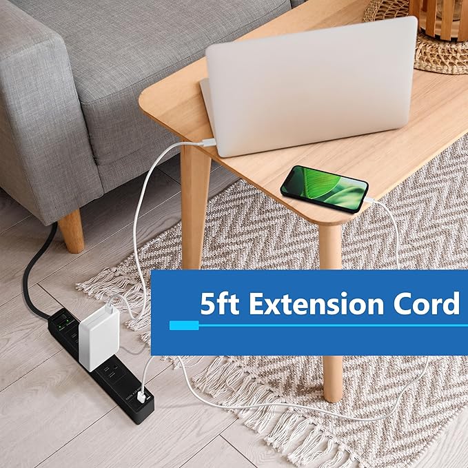 LIDER Outlet Extender with 4 Receptacles, USB-A and 2 USB-C, Ultra-Thin Flat-Plug with Cord Extender, 4-Outlet Power Strip, 45 Degree Angle, Surge Protectect 1500 Joules, 5ft Cord, UL-Listed, Black