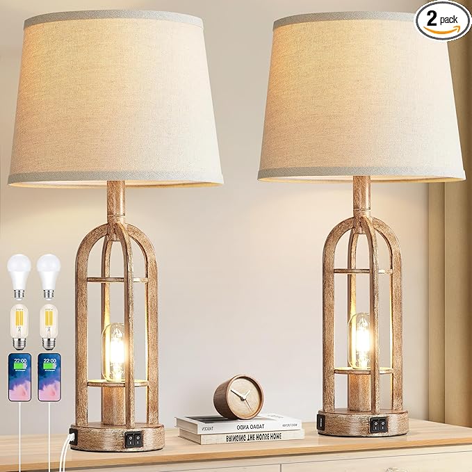 SRJJA Table Lamps for Living Room End Table Set of 2 - Rustic Farmhouse Bedside Lamps for Bedroom Nightstand with Nightlight and USB A+C, 4 Bulbs Included
