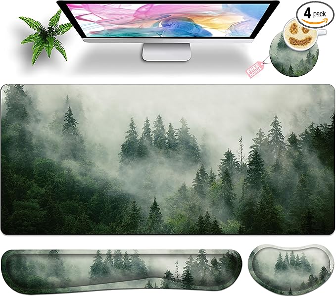 Forest Desk Pad Large Gaming Mouse Pad Set 35.4 x 15.7 with Keyboard Wrist Rest, Wrist Support, and Coaster Memory Foam Smooth Desk Pad Mousepad for Home Office School