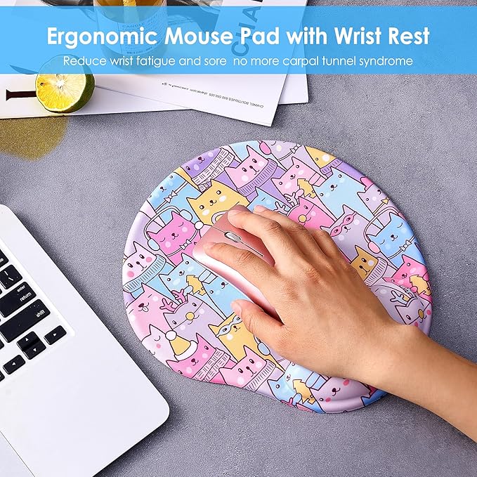 Ergonomic Mouse Pad with Wrist Support,Cute Mouse Pads with Wrist Rest,Comfortable Mouse Pad for Home Office Gaming Working Computers Laptop,Pain Relief with Non-Slip PU Base (Colorful Cat)