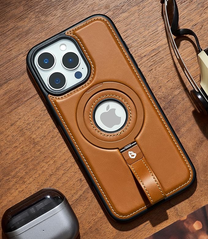 Butaiga for iPhone 14 Pro Max Leather Case with Stand, Anti-Slip Grip Ring, Fits for MagSafe (Brown, iPhone 14 Pro Max)
