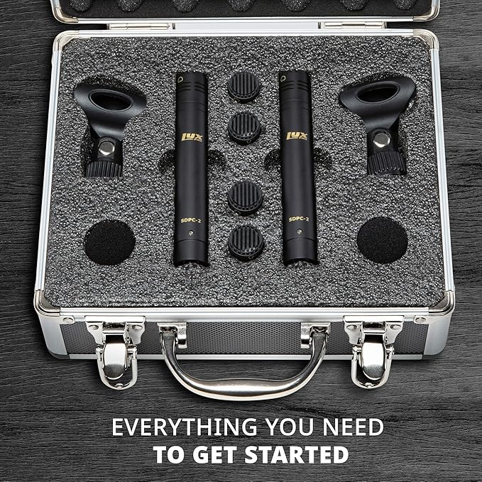 LyxPro SDPC-2 Stereo Pair of Pencil Condenser Stick Instrument Microphone Set, Interchangeable Omni, Cardioid & Super Cardioid Capsules Included, Professional Audio Recording Acoustic & Woodwind Sound